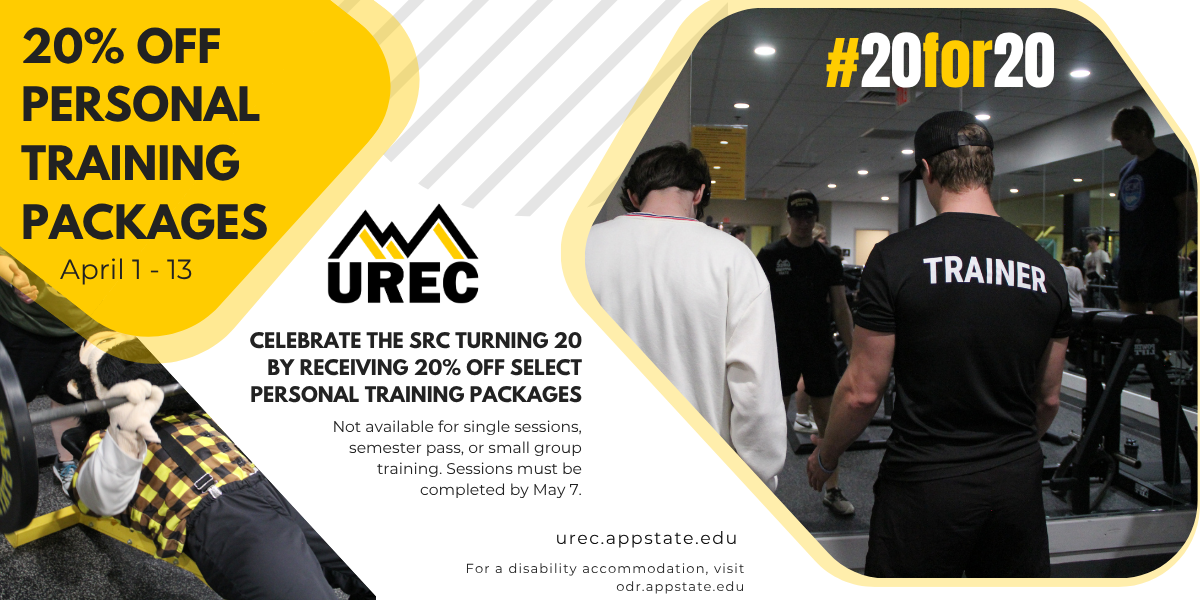 Image of UREC Personal Training packages running a 20 percent off sale of some of their packages from April 1 through April 13.
